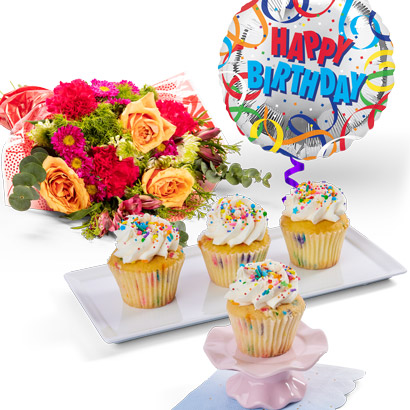 Celebration Cupcakes Flowers  Balloon Gift Bundle