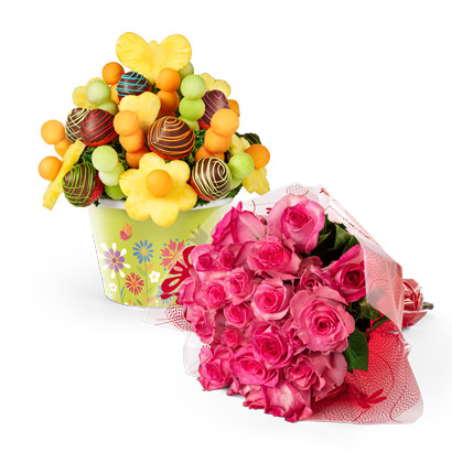 Edible Arrangements® fruit baskets - Rainbow of Smiles & Roses Gift Bundle