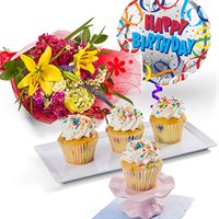 Celebration Cupcakes Flowers  Balloon Gift Bundle