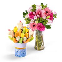 Unicorn Fruit Bouquet and Flowers Gift Bundle