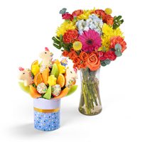 Unicorn Fruit Bouquet and Flowers Gift Bundle